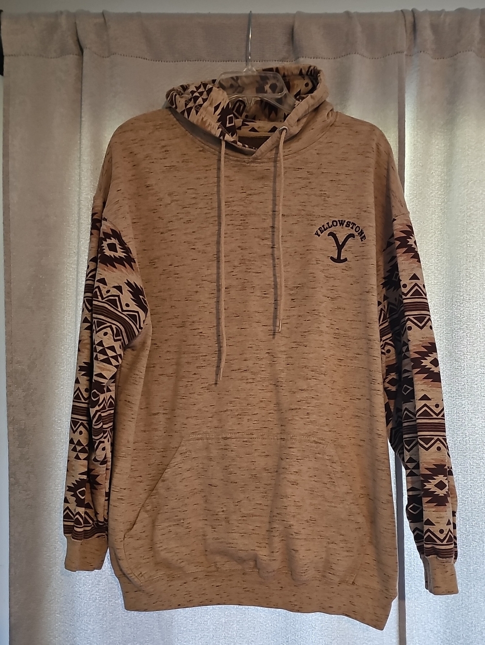 Yellowstone Beige Aztec-Trim Pullover Hoodie